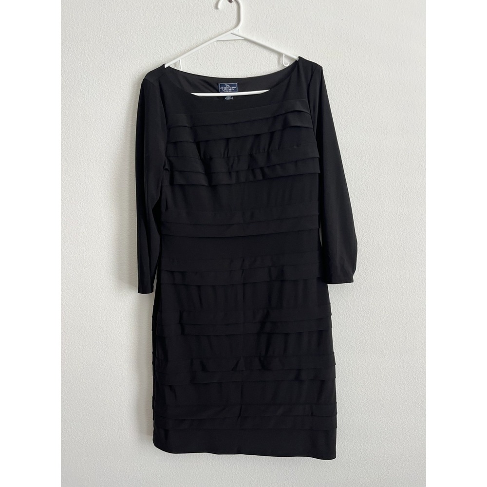 American Living Sheath Dress Womens 10 Black Stretch Ruffle Boat Neck Cocktail